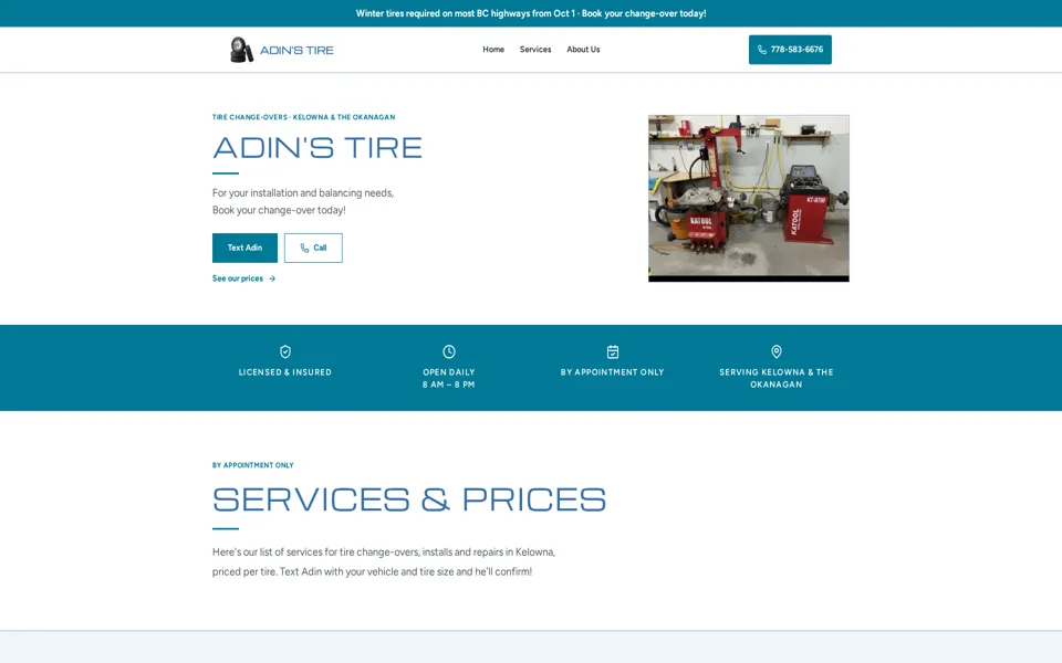 Home page of the Adin's Tire website