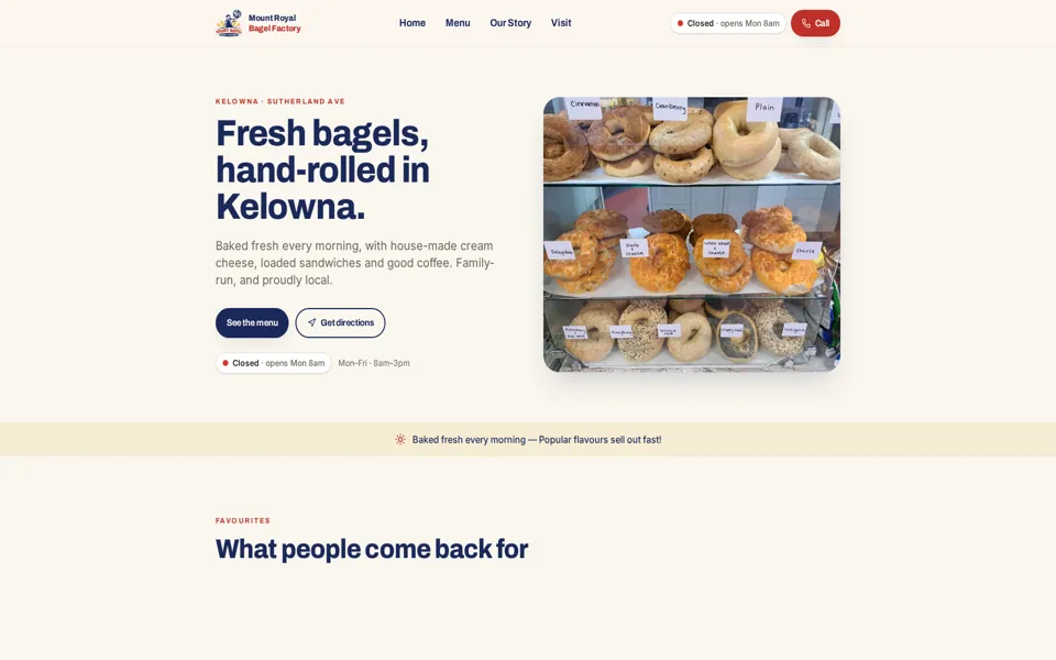 Home page of the Mount Royal Bagel Factory website